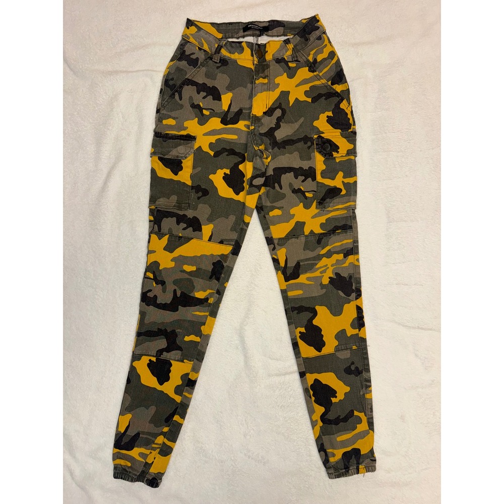 American Bazi Yellow Camo Cargo Pants Womens Small High Rise Joggers Streetwear